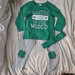 Green 'Luckiest Girl' Shirt and Striped Pants Set